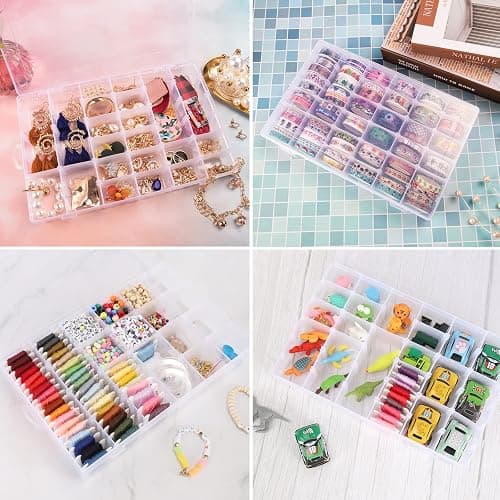 OUTUXED 2 Pack 36 Grids Clear Plastic Bead Organizer Box, Fishing Tackle Box Compartment Organizer with Adjustable Dividers for Jewelry, Art Craft, Bead Storage Containers with 5 Sheets Label Stickers thumbnail 7