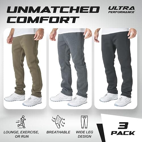Ultra Performance 3 Pack Mens Fleece Wide Leg Sweatpants with Pockets, Open Bottom Workout Sweatpants for Men thumbnail 5