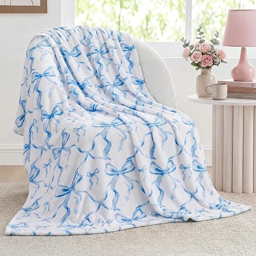 Buryeah Blue Bow Throw Blanket 50"x60" Soft Flannel for Girls Women | Coquette Aesthetic Decor with Ruffled Edges, Ultra Plush Bed Sofa Blanket, Preppy Gift for Teens, Back to School Dorm Room - Image 1