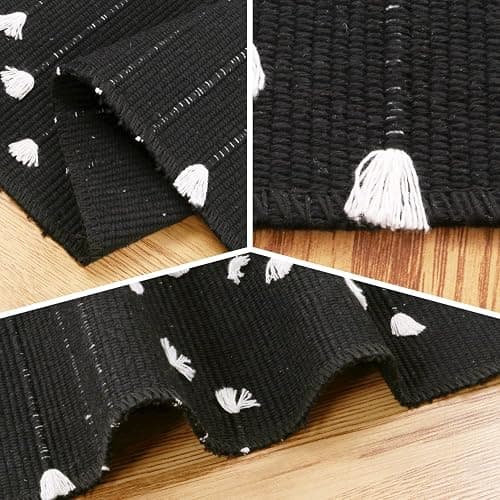 HAOCOO Boho Bathroom Runner Rug 2’ X 4.3’, Black Geometric Washable Woven Cotton Diamond Area Rug, Chic Moroccan Tribal Tassel Kitchen Rug,Throw Floor Mat Carpet Decorative for Living Room Bedroom thumbnail 4