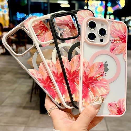 HYUEKOKO Magnetic for iPhone 13 Case & iPhone 14 Case [Compatible with MagSafe] Cute Trendy Hibiscus Flower Pattern Design for Summer Hawaiian, Shockproof Protective Cover for Girls Women-Pink thumbnail 5