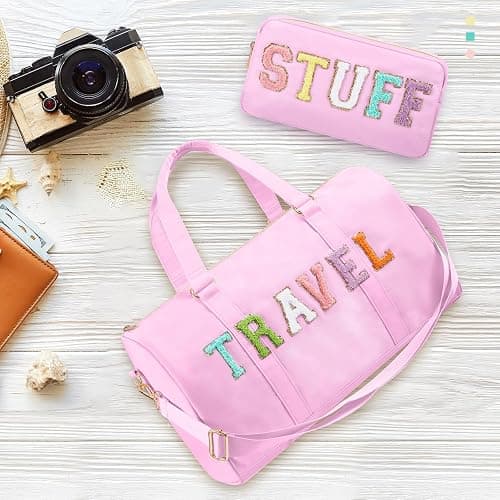 Shinylin 2 Pcs Preppy Chenille Letter Duffle Bag and Makeup Pouch, Travel Tote Bag Cosmetic Zipper Patch Makeup Bag (Pink) - Pink thumbnail 6