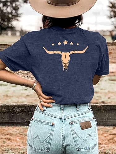 Anbech Graphic Tees for Women Summer Short Sleeve Western Cowgirl Shirts | Rodeo Cow Skull Print Tops, Crew Neck, Cute Country Music Outfit, Lightweight, Soft and Comfortable, Relaxed Fit thumbnail 3