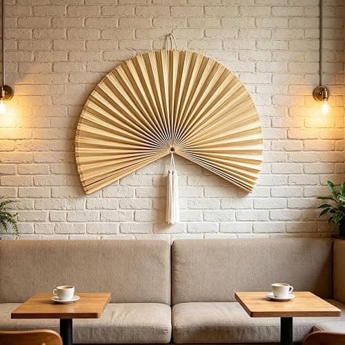 Large Wall Fan Decor, Giant Handcrafted Bamboo Folding Ornament, 30 Inch Oriental Chinese Style Hanging Art, Boho Room Accent for Bedroom, Living Area, Indoor, Above Bed, Headboard，Natural Straw thumbnail 3