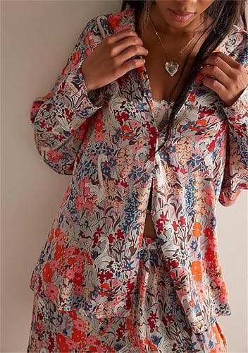 NEVUQO Womens Silk Satin Floral Pjs Set Aesthetic Print Lounge 2 Piece Long Sleeve Pajamas Wide Leg Pants Sleepwear Party thumbnail 2