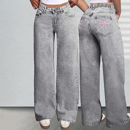 Girls Bow Jeans Trendy High Waist Wide Leg Baggy Denim Pants Casual Y2k Preppy Streetwear Cute Straight Trousers with Pocket thumbnail 2