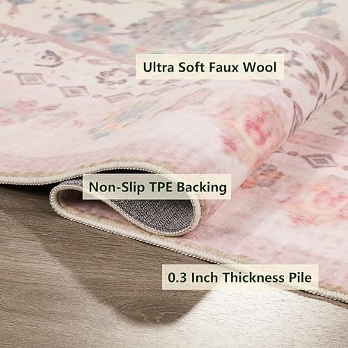 auruge Area Rug - Vintage 5x7 Non-Slip Backing Area Rugs Light Pink Soft Faux Wool Carpet Foldable & Machine Washable Rugs for Living Room Bedroom Dining Room Nursery Home Office - 5'x7' - Pink thumbnail 3