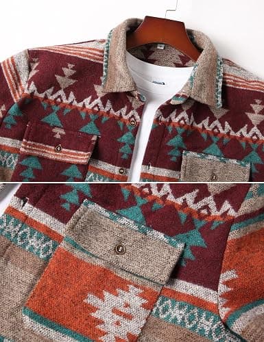 VIEWON Men's Casual Print Button Down Woolen Long Sleeve Lightweight Lapel Western Shacket Jacket Coat thumbnail 3