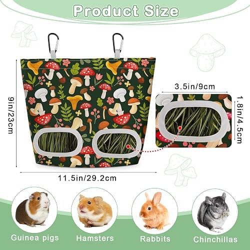 Glittme 2 Pack Guinea Pig Hay Feeder, 11.5x9 Inch Hay Bag for Rabbits, Hanging Hay Holder for Guinea Pigs Cage Hay Feeder for Bunny, Small Pets,Green Mushroom thumbnail 7