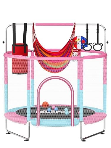BLUERISE 55IN 6FT Toddler Trampoline for Kids Indoor Outdoor Play for Kids Trampoline Basketball Hoop Attachment with Enclosure Net Easy to Assemble - Image 1