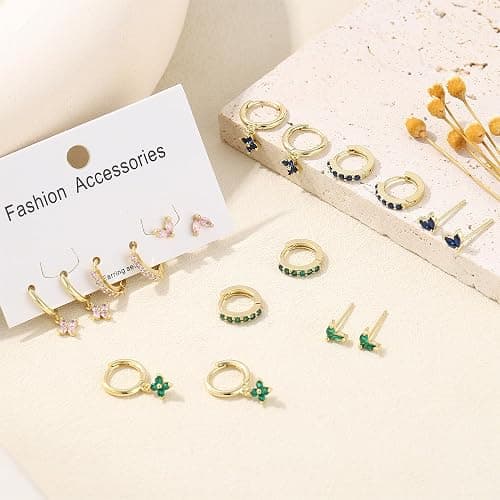 MOZAKA 3 Pairs Dainty Gold/Silver Three Hole Birthstone Earrings Set for Multiple Piercing Non Tarnish 14k Gold Plated Hypoallergenic Cartilage Small Hoop Stud Earrings Stacks Set for Women Birthday Gifts thumbnail 7