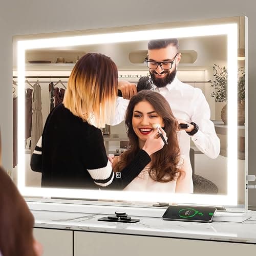 ROLOVE Vanity Mirror with Lights, 32" x 22" Large Lighted Vanity Mirror with Dimmable 3 Modes, LED Makeup Mirror, USB Charging Port, Tabletop or Wall-Mounted Square White thumbnail 3