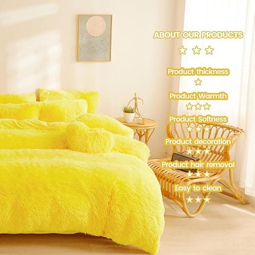 FOPPA Fluffy Yellow comforters Cover Twin Size - Ultra Soft Plush Bedding Sets 2 Pieces (1 Faux Fur Comforter Cover + 1 Fuzzy Pillow case) Girls Shaggy Bed Set (Yellow,Twin) thumbnail 5