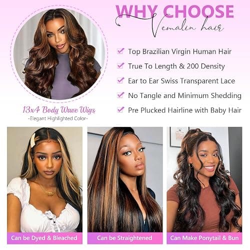 Vemalin Highlight Ombre Lace Front Wig Human Hair Body Wave Lace Front Wigs Human Hair Pre Plucked 13x4 1B/30 Brown Highlight Wig 200 Density Colored 26 Inch Balayage Wigs for Women thumbnail 8