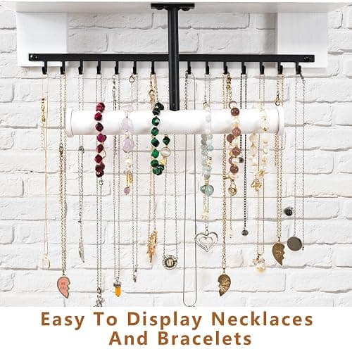 Pinzoveco Hanging Jewelry Organizer Wall Mounted, Vintage Style Double-layer Necklace Holder Organizer Display For Necklaces Bracelet Earrings Ring (White) thumbnail 6