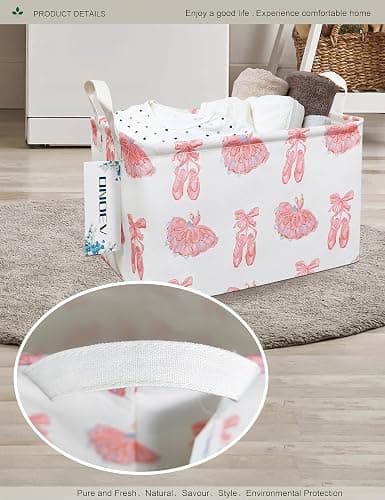ONOEV Rectangular Folding Laundry Basket,waterproof Canvas Basket,gift basket,Suitable for children's room,Office,Clothes,Toys Storage(Pink lace dance shoes) thumbnail 6