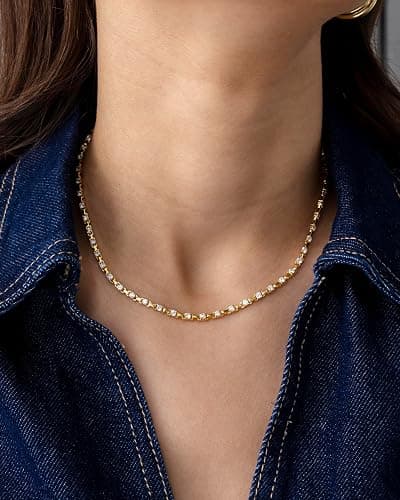 PAVOI 14K Gold Plated Simulated Diamond Tennis Necklaces for Women - Classic Tennis Chain - Timeless Station Round and Pear Cubic Zirconia Stones Choker Necklace thumbnail 2
