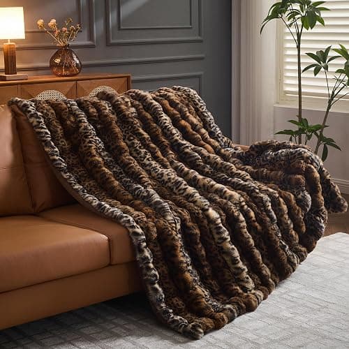 RYNGHIPY Faux Fur Blankets for Couch Bed Fluffy Warm Thick Throw Blanket for Bedroom Living Room Soft Cozy Plush Decorative Bubble Furry Blanket Cheetah Print Blanket (Leopard-Coffee, 51''x63'') thumbnail 2