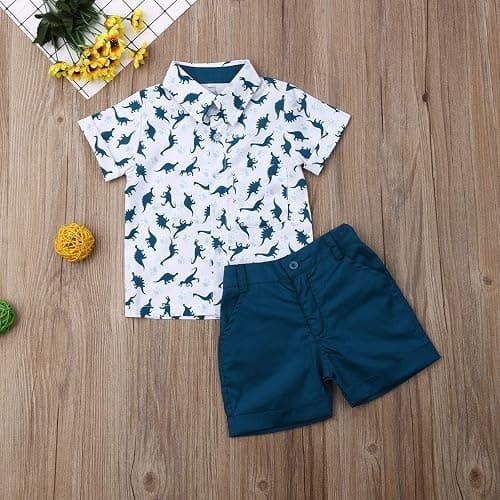 fhutpw Baby Toddler Boy Outfits 2T 3T 4T 5T Clothes Summer Kids Pattern Short Sleeve Button Down Shirt & Shorts Set thumbnail 2