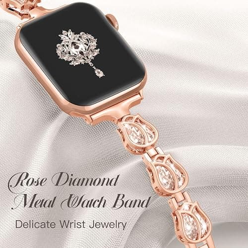 Maledan Rose Diamond Metal Bands Compatible with Apple Watch Series 11/10/9/8/7/6/5/4/3/2/SE/Ultra Women, Stylish Bling Jewelry Bracelet Replacement Bands for iWatch 38mm 40mm 41mm 42mm 44mm 45mm 46mm thumbnail 2