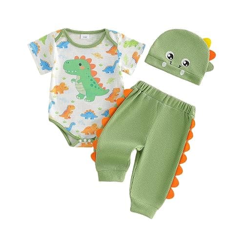 Lamuusaa Newborn Baby Boy Clothes 0 3 6 12 18 Months Short Sleeve Dinosaur Romper Long Pants Hat 3Pcs Summer Outfit - Image 1