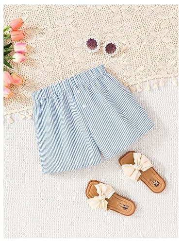 COZYEASE Girl's Striped Button Front Mini Shorts Elastic Waist Wide Leg Summer Shorts thumbnail 5