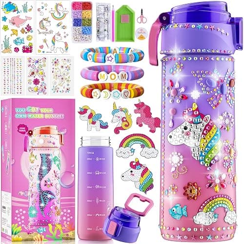 Decorate Your Own Water Bottle Kits for Girls Age 4-12, Unicorn Toys for Girls Age 4-6 Painting Crafts Kit, Clay Beads Bracelet Making Kit, Birthday Gifts Toys for Ages 6-12 (Unicorn) - Image 1