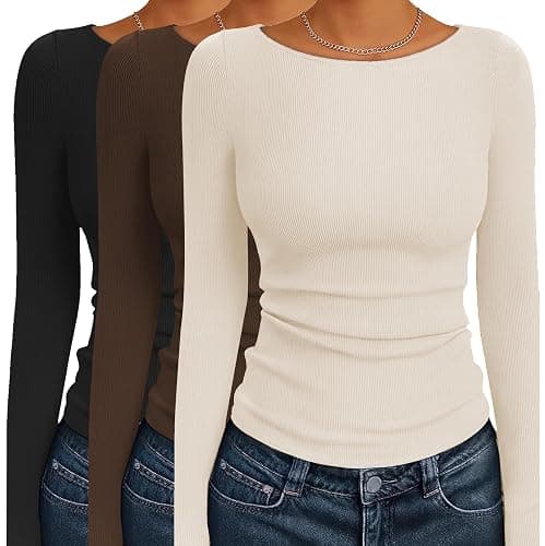 Ekouaer 3 Pack Womens Long Sleeve Shirts Boat Neck Ribbed Thermal Undershirts Lightweight Basic Top XS-XXL - Image 1
