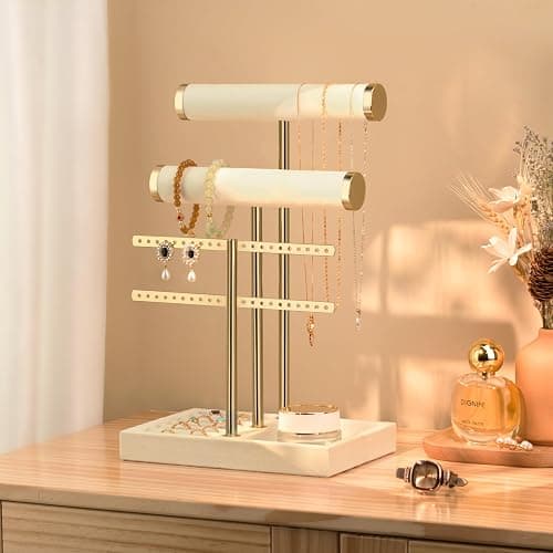 3 Tier Bracelet Holder Display - Detachable T Bar Beige Velvet Bracelet Holder, Jewelry Holder Organizer for Bracelet, Necklace, Earrings, Rings thumbnail 5