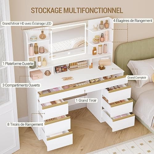 Hzuaneri Grande Coiffeuse avec Éclairage LED, 3 Couleurs, Luminosité Réglable, Miroir, 9 Tiroirs, 9 Étagères Ouvertes, Blanc-Or DT41903X thumbnail 3