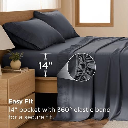 Bedsure Queen Sheet Set - 4 Pieces Soft Queen Size Sheets - Breathable & Cooling - Hotel Luxury - Easy Care Polyester Microfiber Bedding for Women, Men, Dark Grey thumbnail 4