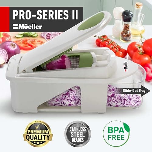 Mueller Pro-Series All-in-One, 12 Blade Mandoline Slicer for Kitchen, Food Chopper, Vegetable Slicer and Spiralizer, Cutter, Dicer, Grater, Kitchen Gadgets Sets with Container, White Sand/Pastel Green thumbnail 2