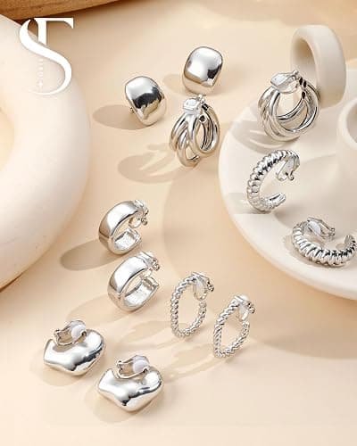 FIBO STEEL 10 Pairs Clip On Earrings for Women Non Pierced Ears CZ Pearl Knot Twist Chunky Hoop and Studs Earring Set Ear Clips Jewelry 14K Gold Plated thumbnail 5