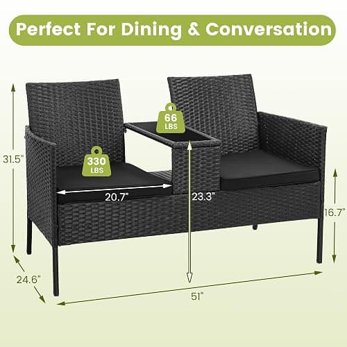 Kromax Wicker 2 Seat Patio Conversation Set, Outdoor Rattan Loveseat with Table, Washable Cushion Covers, Backyard, Garden, Lawn, Black Rattan with Black Cushion - Black Rattan With Black Cushion thumbnail 3