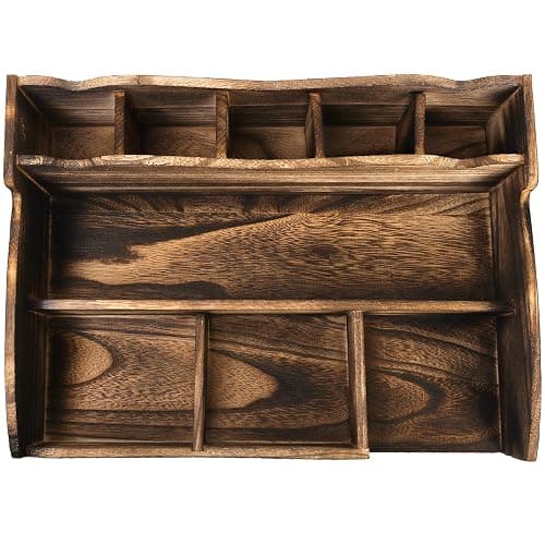 Covzoe Wood Desk Organizer with File Organizer, Vintage Pen Pencil Holder with 9 Compartments, Rustic Makeup Storage Display Case Countertop, Art Supplies Organizers for Home Office thumbnail 5