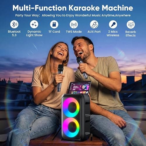 Karaoke Machine for Adults Kids, Portable Bluetooth Speaker with 2 Wireless Microphones, TWS Mode & LED Light, 10H Battery PA System Stage Monitors,Home Party Outdoor Birthday Easter Gifts(Black) thumbnail 2