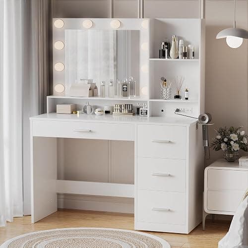 YESHOMY Vanity Desk with Mirror, Power Outlet and 10 Lights, Makeup Table with 4 Drawers, 3 Color Modes Available for Bedroom, Pure White, 39x15.75x59.41 inch thumbnail 2