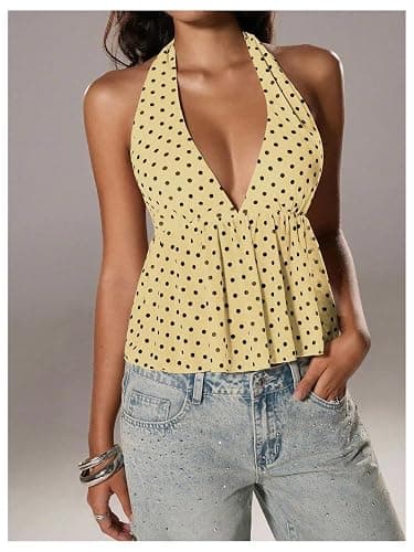 Milumia Women's Polka Dots Tie Backless Halter Top V Neck Going Out Tops | Peplum Shirt,Ruffle Hem,Baby Doll Top,Cute,Sheer Mesh,Date Night,Clubwear,Dressy thumbnail 3