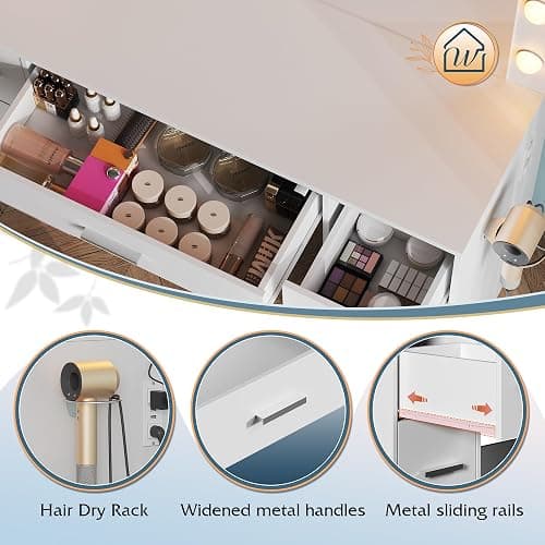 WLIVE White Vanity Desk with Large Mirror and Lights, Makeup Table w/7 Drawers & Power Outlets, Modern Vanity Table Set with Chair, Dressing Table for Bedroom Dressing Room Girl thumbnail 5