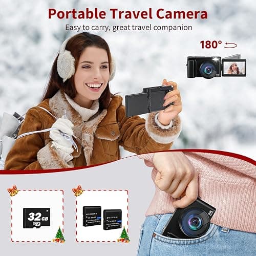 4K Digital Camera for Photography and Video, Autofocus Anti-Shake 48MP Vlogging Camera for YouTube, 3'' 180°Flip Screen Camera with Flash 16X Zoom, Digital Camera with 32GB Card Battery Charger - Black thumbnail 4