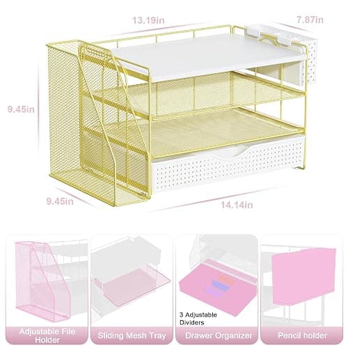 gianotter Wood Desk Organizers and Accessories with File Holder, 4-Tier Desk Accessories & Workspace Organizers with Drawer and Pen Holder, Desk Reference Organizer (Gold, 4T with Drawer) thumbnail 3