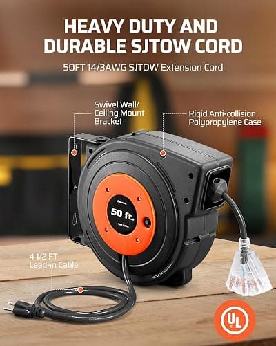 DEWENWILS Retractable Extension Cord Reel, 50 FT Heavy Duty Power Cord, 14AWG/3C SJTOW, 3 Grounded Outlets Lighted Triple Tap, 13 Amp Circuit Breaker, UL Listed thumbnail 3