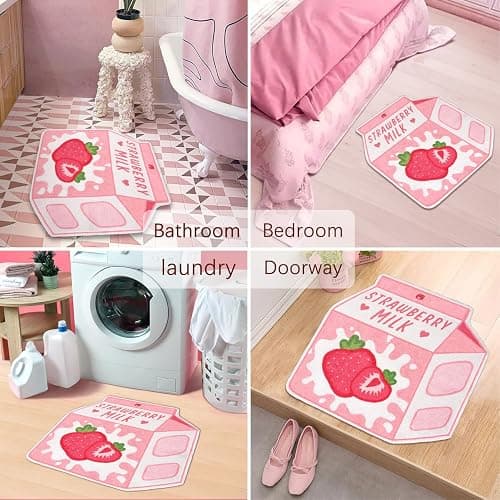 Kitcmat Cute Pink Fruit Strawberry Milk Rug Non-Slip Soft Washable Funny Irregular Shaped Bath Mat for Bathroom, Bedroom Living Room, 25.6"x27.5" thumbnail 5