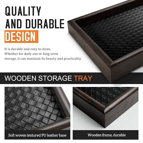 Wooden Valet Tray Desk Organizer with Leather Base,Nightstand, Entryway Bedside Dump Holder for Wallets, Keys, Watches, Jewelry & Sunglasses thumbnail 3