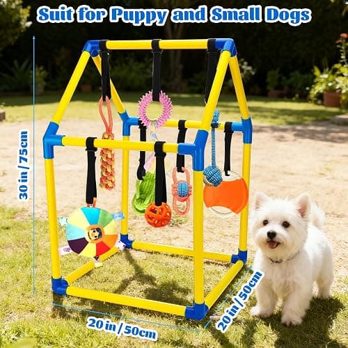 Puppy Play Gym with 9 Hanging Toys, Interactive Dog Enrichment Playground, Removable Indoor Training Activity Center for Puppies & Small Dogs, Adjustable PVC Frame, Teething & Squeaky Toys Included thumbnail 2
