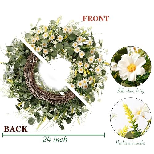 Sggvecsy White Daisy Wreath 24 Inch with Fake Silk Floral Green Eucalyptus Leaves and Lavender for Spring Summer Front Door Window Wall Wedding Farmhouse Festival Decor - White thumbnail 3