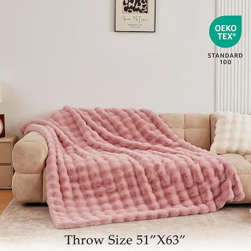 BENVWE Faux Fur Throw Blanket for Couch - Fluffy Soft Thick Bubble Blanket for Living Room Home Decor - Mothers Day Birthday Gifts for Women, Dusty Pink, 51" x 63" thumbnail 2