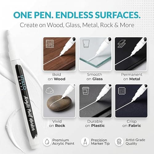 Utillo Craft White Paint Pen (8-Pack), 0.7mm Extra Fine White Paint Markers | Bold Color Permanent White Acrylic Paint Pen for Metal, Fabric, Wood, Glass, Paper, Plastic, Rock, Leather | Artist DIY thumbnail 2