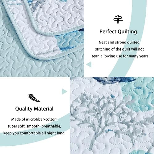 Tritard 3 Piece Coastal Full/Queen Quilt Sets Nautical Reversible Lightweight Bedspread Coverlet with 2 Shams Blue Starfish Conch Beach Microfiber Bedding Quilt Set for All Season, 90''x96'' thumbnail 3