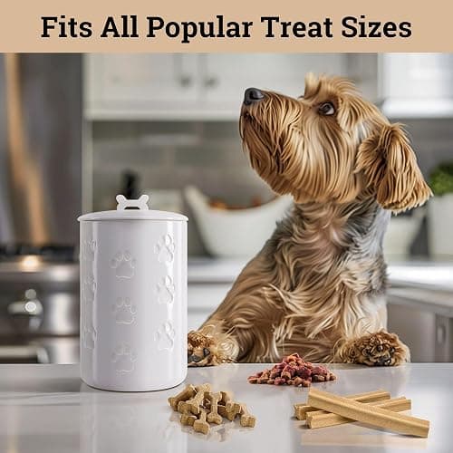 Dog Treat Container Airtight - 5 Inch Wide x 9 Inch Tall Ceramic Dog Treat Jar for Kitchen Counter with Airtight Lid - 7 Cup Capacity Pet Treat Container - Cute Doggie Cookie Jar - Big Treats Canister thumbnail 2